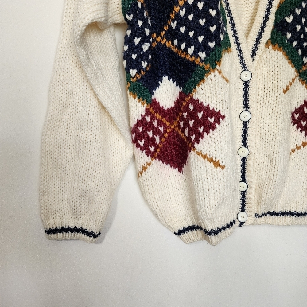 ​Vtg Maggie Lawrence Argyle Ramie Blend Cardigan Sweater L - Picture 7 of 10